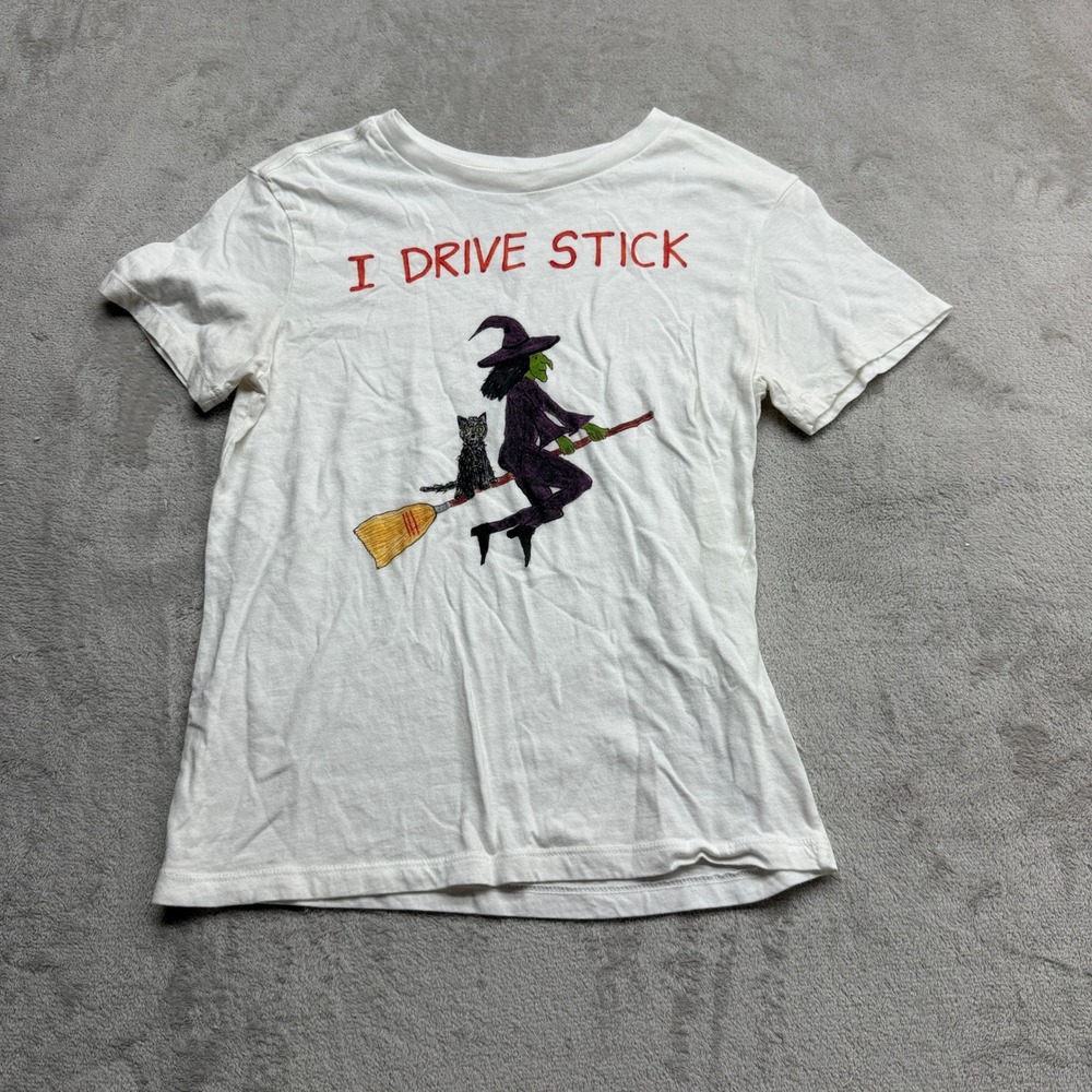 Unfortunate Portrait Graphic Tee Women Small White I Drive Stick Witch Halloween